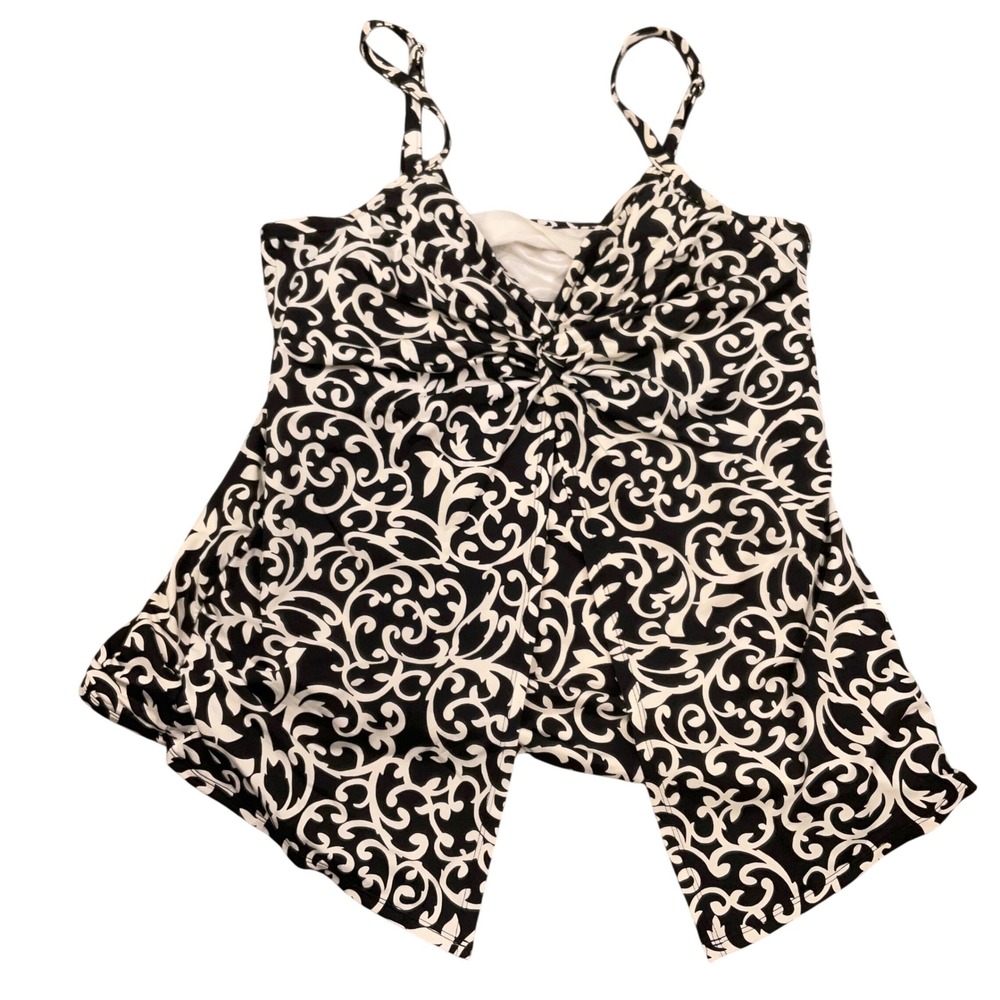 Miraclesuit Tankini Top Womens 16 Black White‎ Layered Scroll Flyaway Resortwear